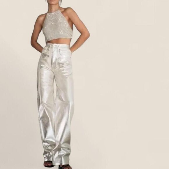 Zara Denim - Zara Silver Relaxed Fit Straight Leg Mid Rise Boyfriend Jeans | Size 6